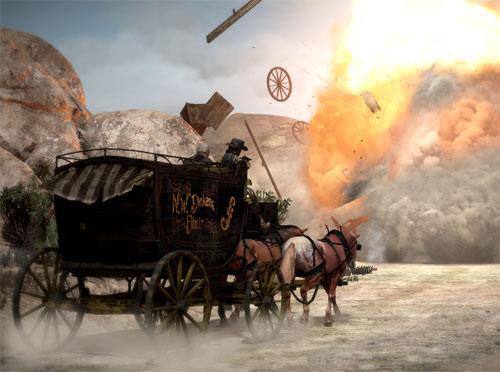 Red Dead Redemption Screenshot Explosion einer Kutsche